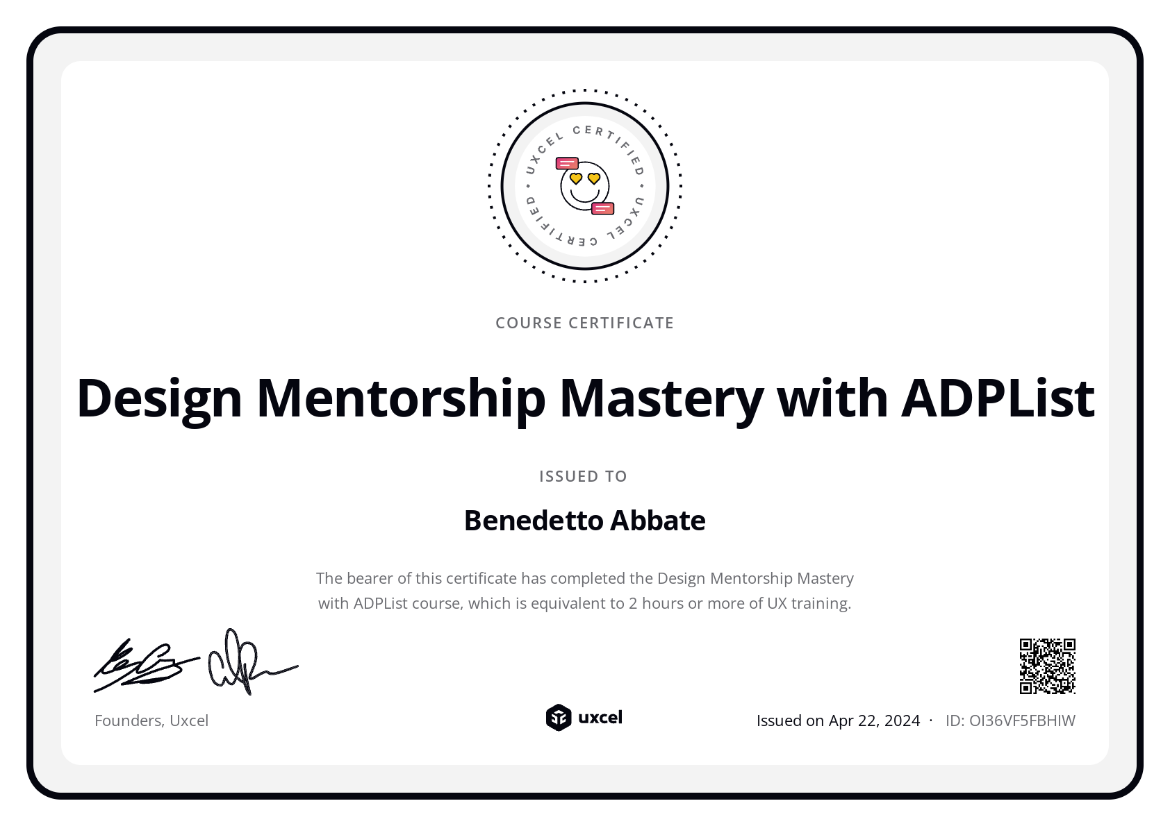 Benedetto Abbate's certificate